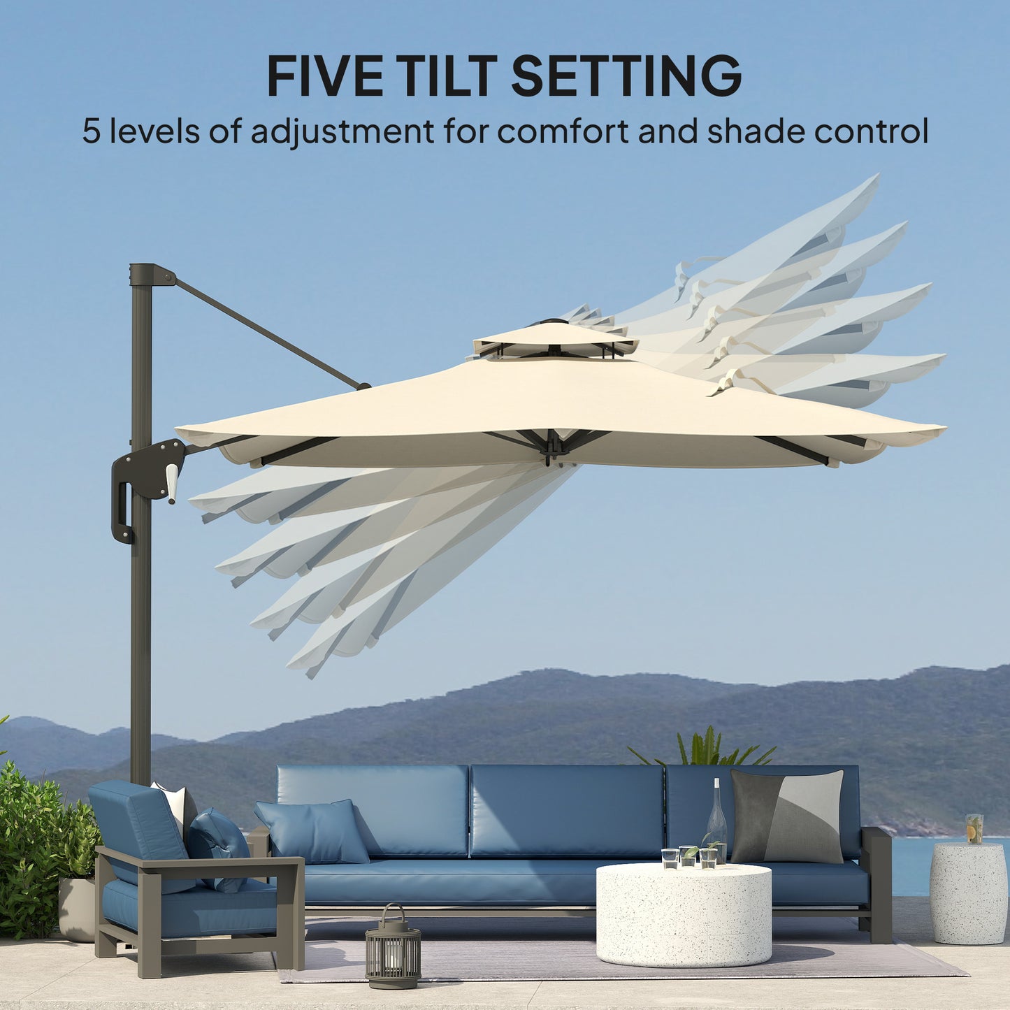 Outsunny 3.7 x 2.7 m Cantilever Parasol w/ 360√Ç¬∞ Rotation and Easy Tilt Adjustment, Aluminium Hanging Offset Outdoor Umbrella w/ Double Top and Cross Base, UPF50+ Hanging Sun Shade, Black