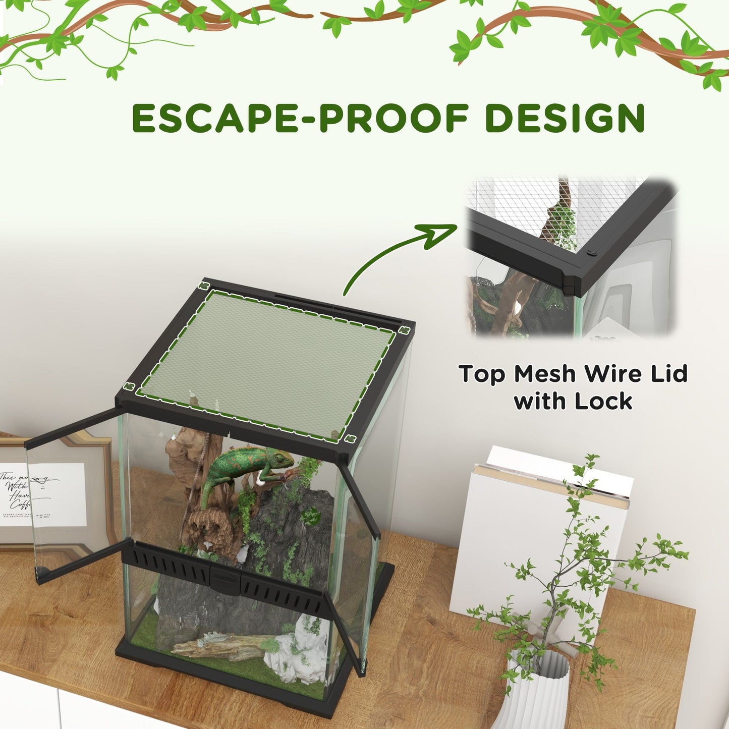 PawHut 40L Vivarium for Lizards Frogs Snakes Turtles Tortoises w/ Anti Escape Design, Ventilation