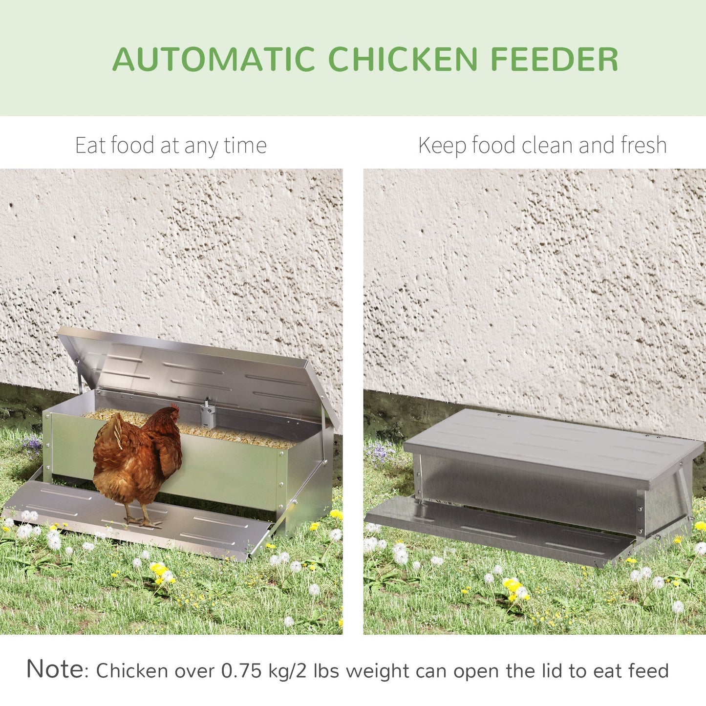 PawHut 10kg Automatic Chicken Feeder, Poultry Feeder with Self Opening Treadle, Lid, Silver