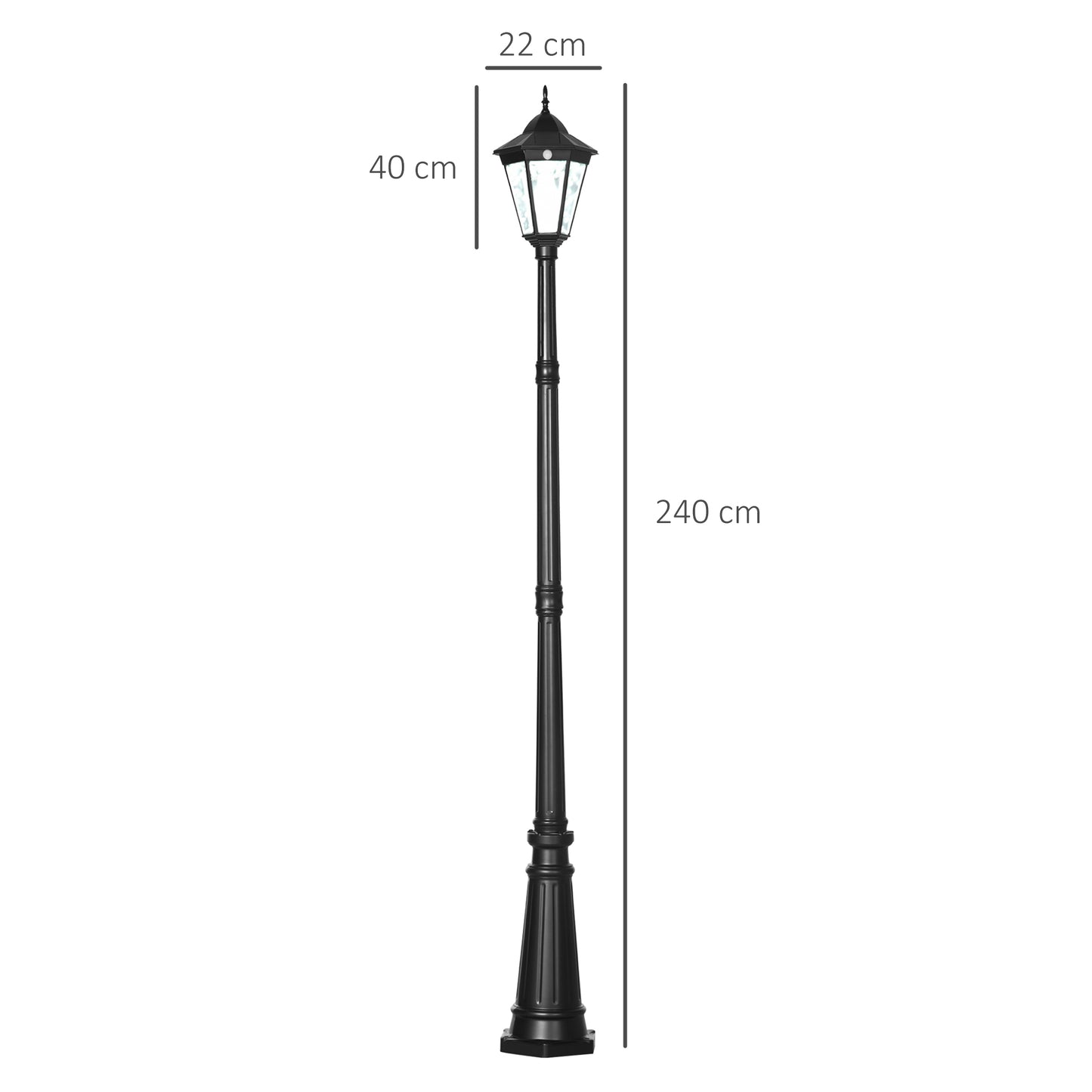 Outsunny 2,4 m Lampa ogrodowa Słupek oświetleniowy, lampa LED zasilana energią słoneczną do oświetlenia ścieżki na patio z aluminiową ramą, czujnik ruchu PIR do trawnika, ścieżki, podjazdu, czarny