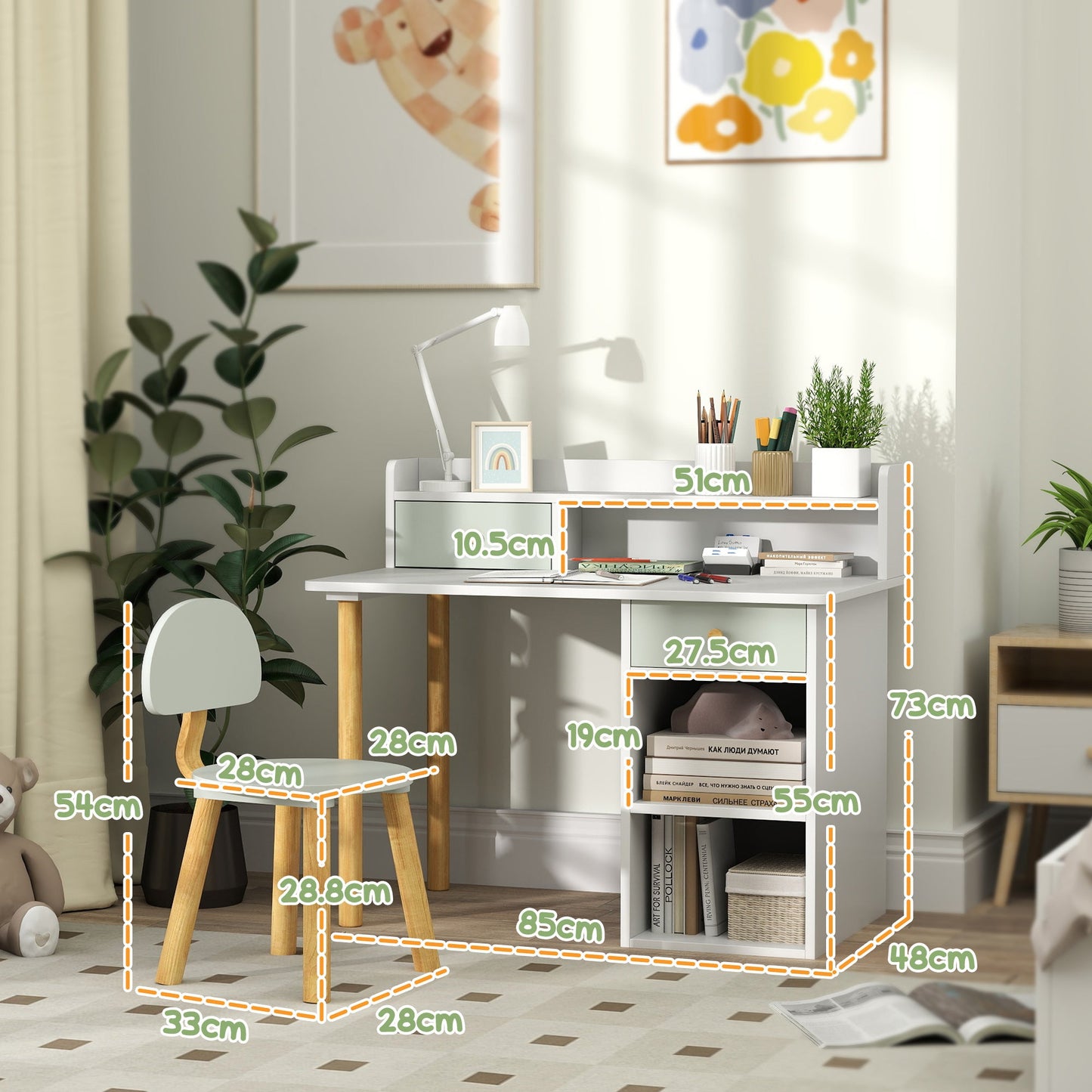 AIYAPLAY Two-Piece Children Study Table with Hutch, Kids Desk and Chair Set with Storage, Drawer, Shelves, Green