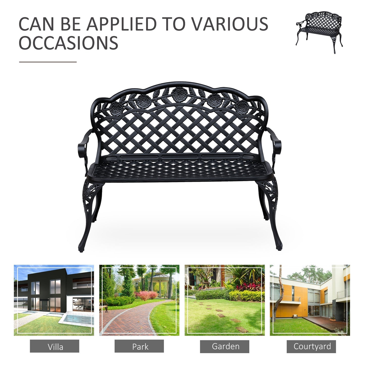 Outsunny Cast Aluminium Garden Bench Outdoor Patio 2 Seater High Back Chair Armrest Antique Style Black