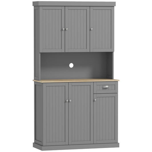 HOMCOM 180cm Freestanding Kitchen Cabinet, Modern Storage Cupboard with Open Countertop, Drawer and 6 Doors, Grey