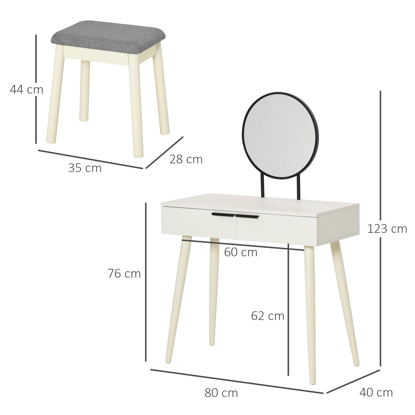 HOMCOM Dressing Table with Mirror and Stool, Vanity Makeup Desk Set with 2 Drawers, Cushioned Stool and Make-up Organiser for Bedroom and Dressing Room, 80 x 40 x 123 cm, White