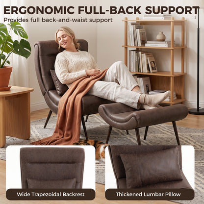 HOMCOM Modern Accent Chair with Footstool, Upholstered Lounge Chair with 64cm Wide Seat, Lumbar Pillow, Trapezoidal Backrest