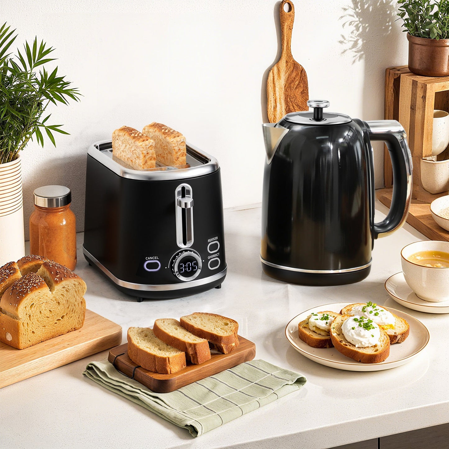 HOMCOM Polished Retro 40-100Â°C Kettle and Toaster Set - Black