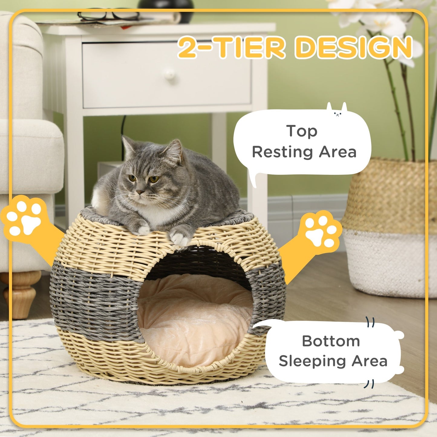 PawHut Wicker Cat House, Rattan Raised Cat Bed, Cosy Kitten Cave with Soft Washable Cushion, Φ40 x 30cm