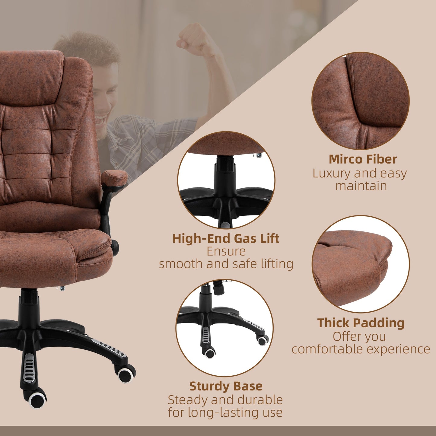 Vinsetto Massage Recliner Chair Heated Office Chair with Six Massage Points Microfiber Cloth 360¡ Swivel Wheels Brown