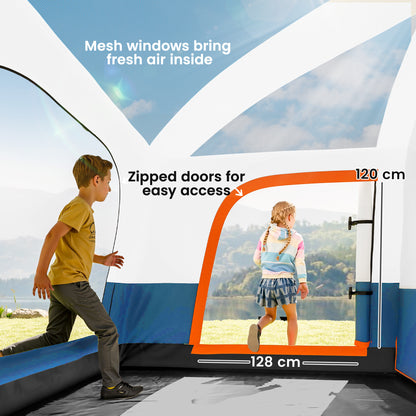 Outsunny 4 Man Camping Tent, Double Layer Tunnel Tent with Porch, Living Area and 2 Bedrooms, Sewn in Groundsheet, 3000mm Waterproof and UPF 30+, Portable with Bag, 430 x 305 x 195 cm Large, Blue