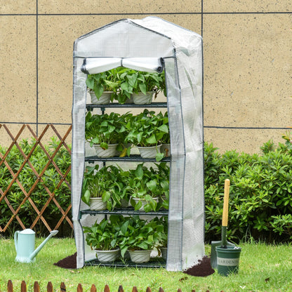 4 Tiers Mini Portable Greenhouse Plant Grow Shed Metal Frame PE Cover 160H x 70L x 50Wcm, White