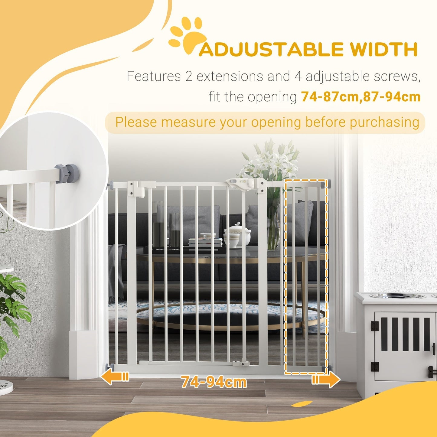 PawHut Metal 74-94cm Wide Adjustable Dog Gate White