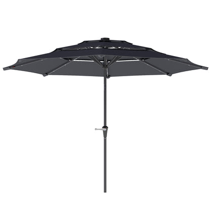 Outsunny 3-poziomowy parasol ogrodowy z lampami LED zasilanymi energią słoneczną, UPF 30+, mechanizmem pochylania i korbą, na taras w kolorze ciemnoszarym