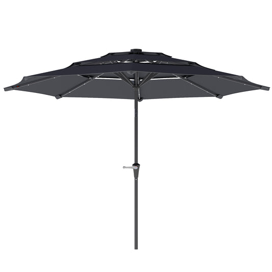 Outsunny 3-poziomowy parasol ogrodowy z lampami LED zasilanymi energią słoneczną, UPF 30+, mechanizmem pochylania i korbą, na taras w kolorze ciemnoszarym