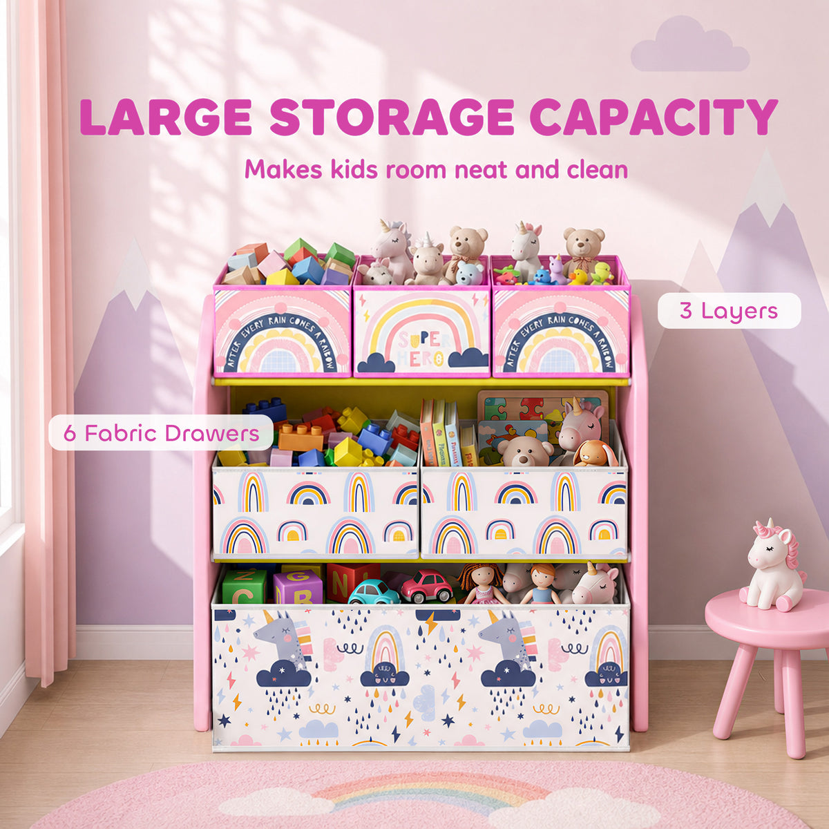 AIYAPLAY Toy Storage Organiser, 3-Tier Wooden Kids Toy Storage Rack with 6 Fabric Storage Bins for Bedroom, Kids Room, Pink