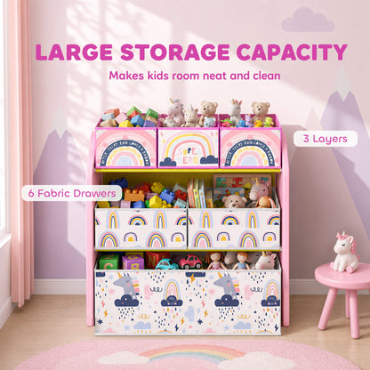 AIYAPLAY Toy Storage Organiser, 3-Tier Wooden Kids Toy Storage Rack with 6 Fabric Storage Bins for Bedroom, Kids Room, Pink