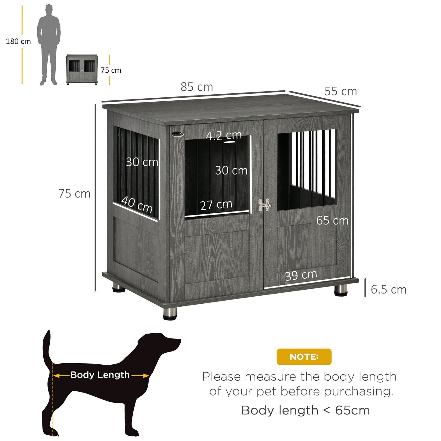 PawHut Dog Crate Furniture, Wooden End Table Furniture with Cushion & Lockable Magnetic Doors, Small Size Pet Kennel Indoor Animal Cage, Grey