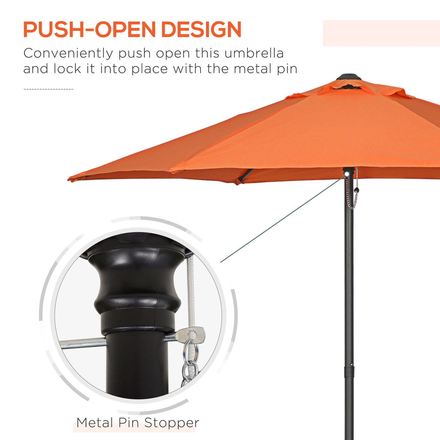 Outsunny 2m Garden Parasol Umbrella, Outdoor Sun Shade with 6 Sturdy Ribs for Balcony, Bench, Garden, Orange