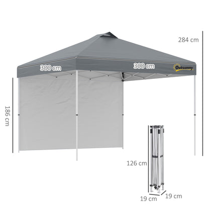 Outsunny 3x(3)M Pop Up Gazebo Tent with 1 Sidewall, Roller Bag, Adjustable Height, Event Shelter Tent for Garden, Patio, Grey