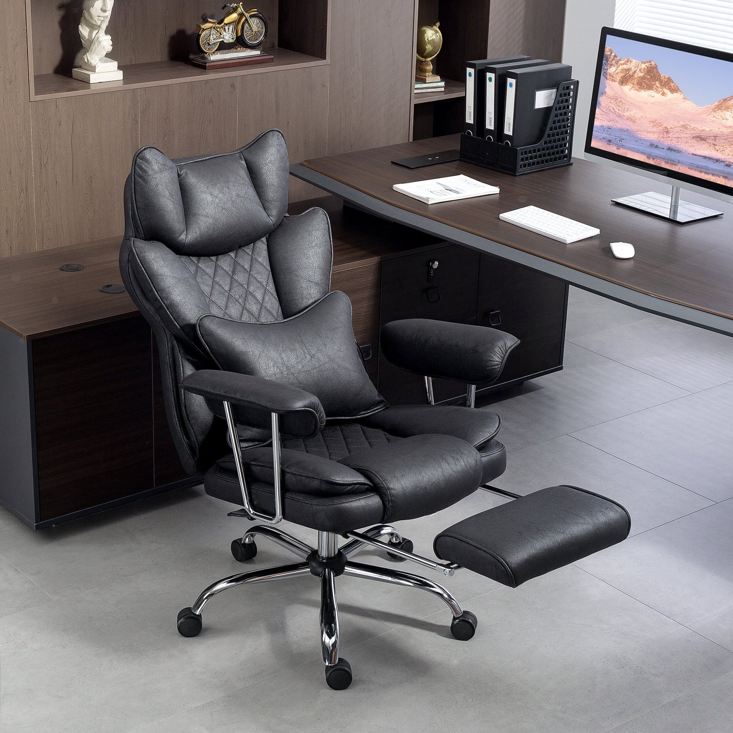 HOMCOM Leathaire Reclining Office Chair with Lumbar Support Pillow - Black