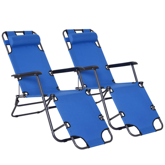 Outsunny 2 Pieces 2 in 1 Sun Lounger Folding Reclining Chair Garden Outdoor Camping Adjustable Back with Pillow, Blue