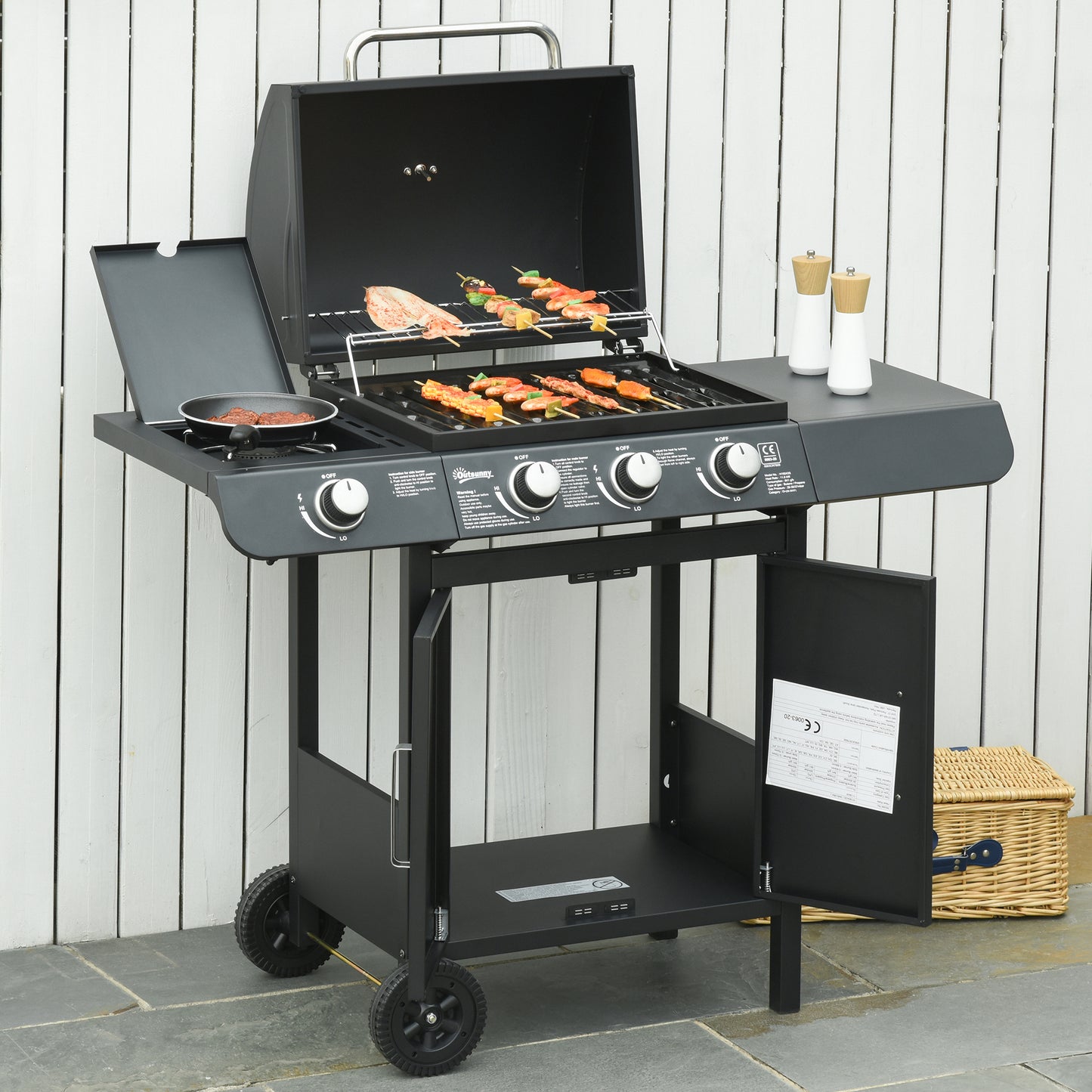 Outsunny 3+1 palnikowy grill gazowy, wózek do grilla na zewnątrz z kółkami, ruszt do podgrzewania, półki boczne, szafka, termometr do ogrodu, na imprezę, kemping, 110L x 50W x 100Hcm, czarny