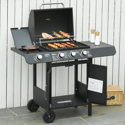 Outsunny 3+1 palnikowy grill gazowy, wózek do grilla na zewnątrz z kółkami, ruszt do podgrzewania, półki boczne, szafka, termometr do ogrodu, na imprezę, kemping, 110L x 50W x 100Hcm, czarny