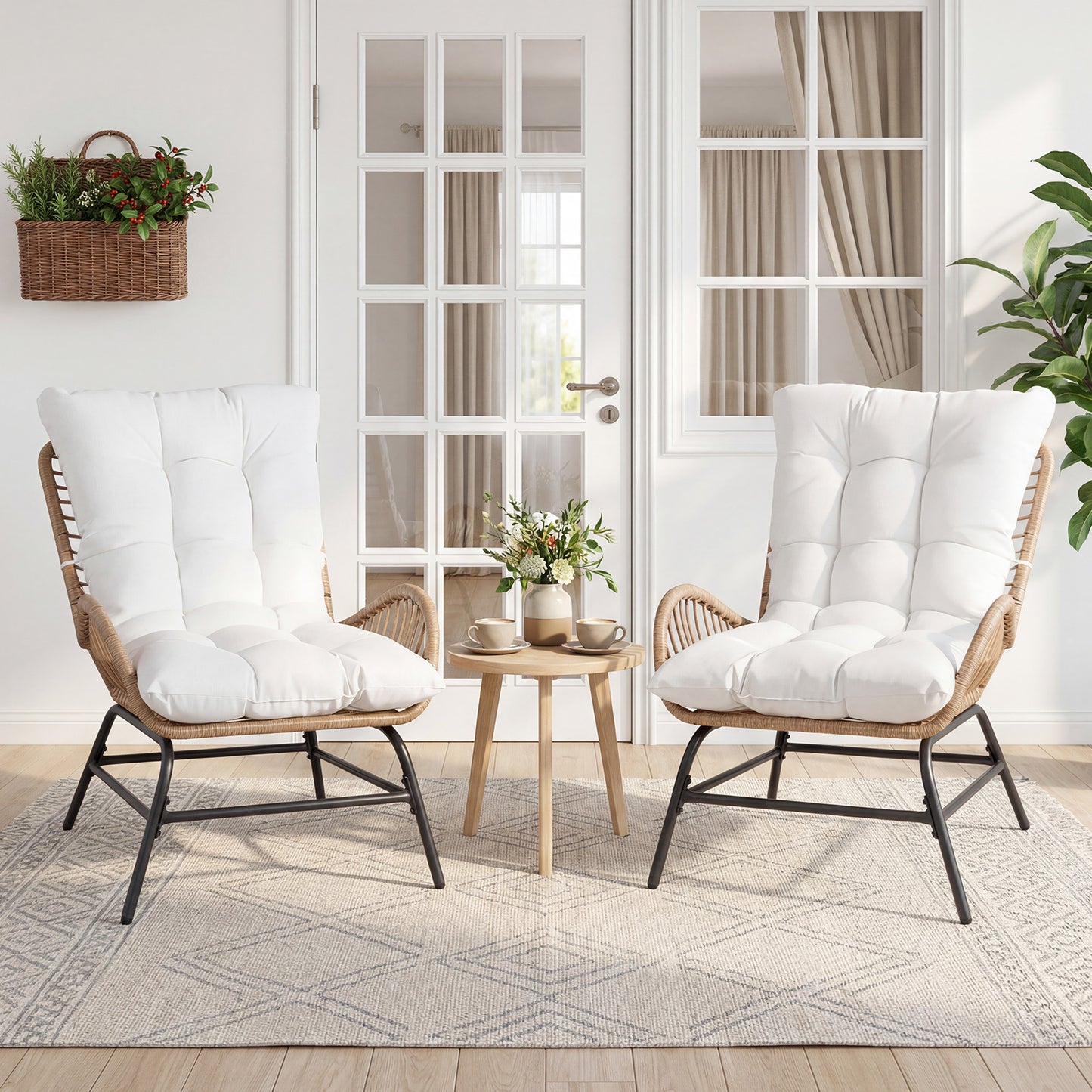 PE Rattan Leisure Chair with Cushion and Solid Metal Frame-White
