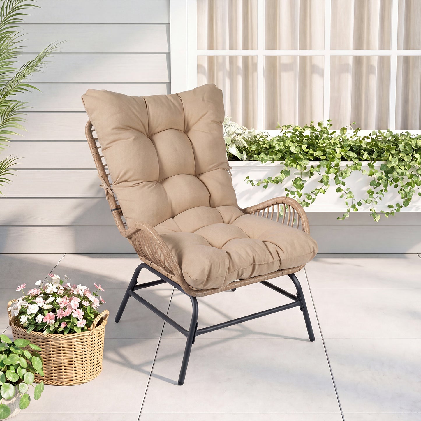PE Rattan Leisure Chair with Cushion and Solid Metal Frame-Yellow