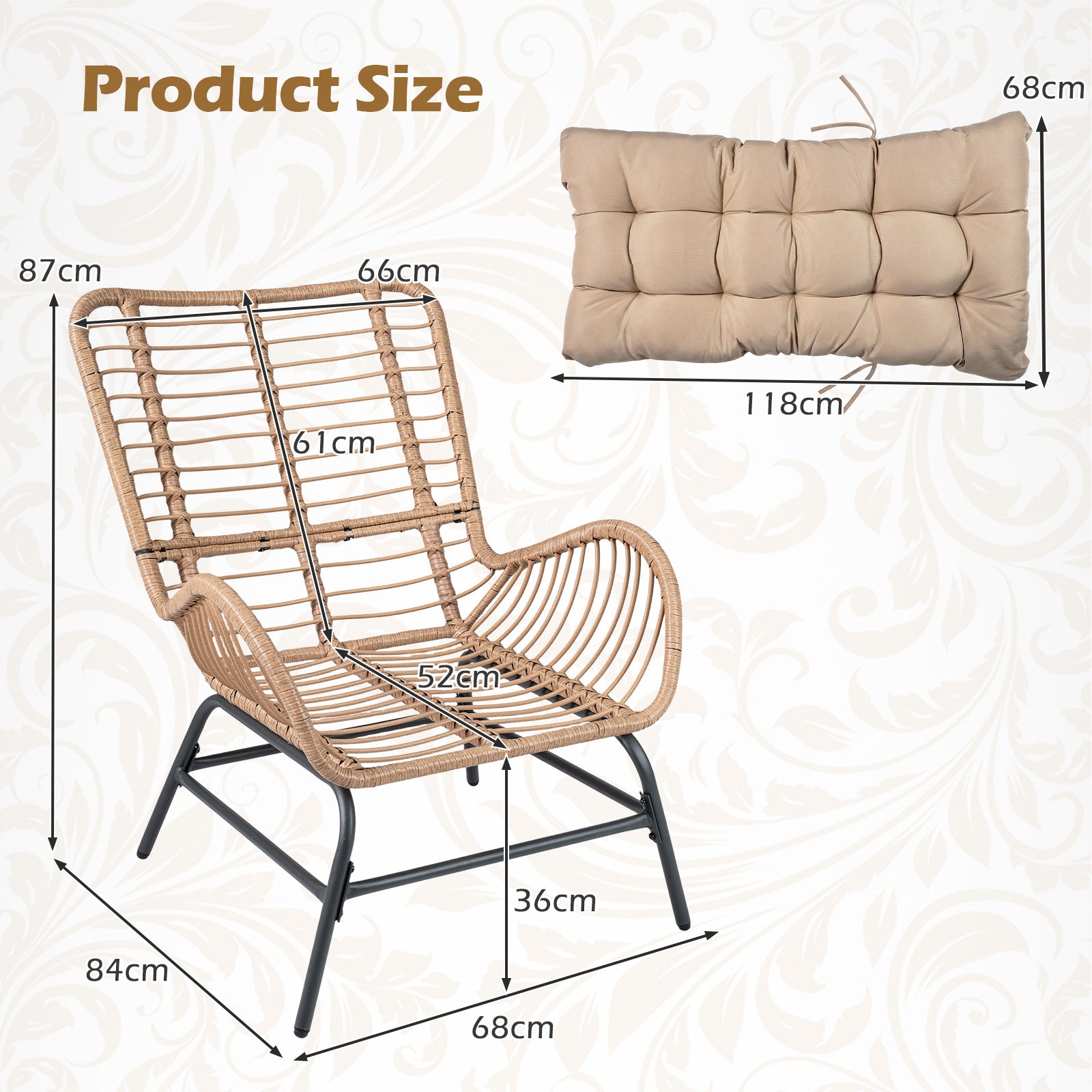 PE Rattan Leisure Chair with Cushion and Solid Metal Frame-Yellow