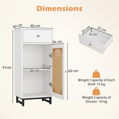 PE Rattan Storage Cabinet with Adjustable Foot Pads and Anti-toppling Kit-White