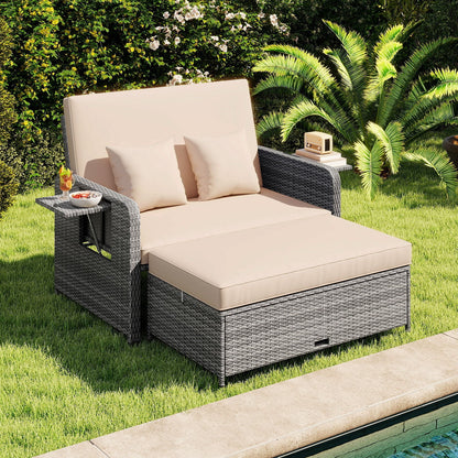 PE Wicker Outdoor Daybed with Loveseat and Ottoman for Poolside-Beige