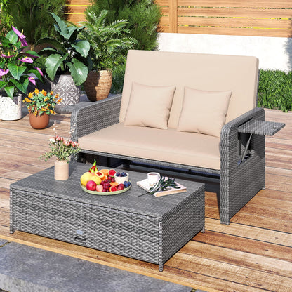 PE Wicker Outdoor Daybed with Loveseat and Ottoman for Poolside-Beige
