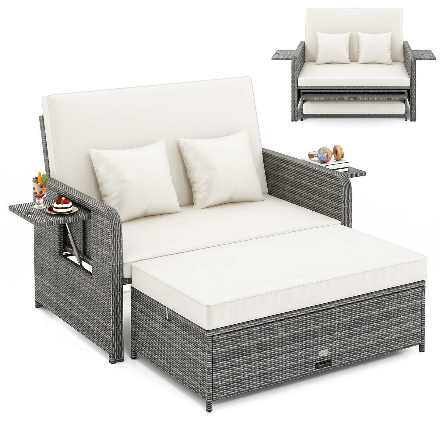 PE Wicker Outdoor Daybed with Loveseat and Ottoman for Poolside-White