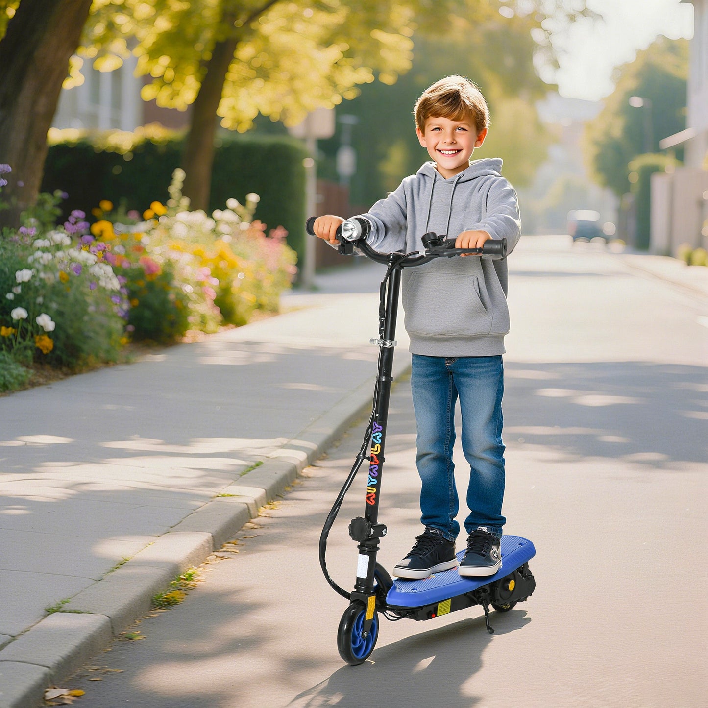HOMCOM Foldable Electric Scooter, with LED Headlights, for Ages 7-14 Years, Blue
