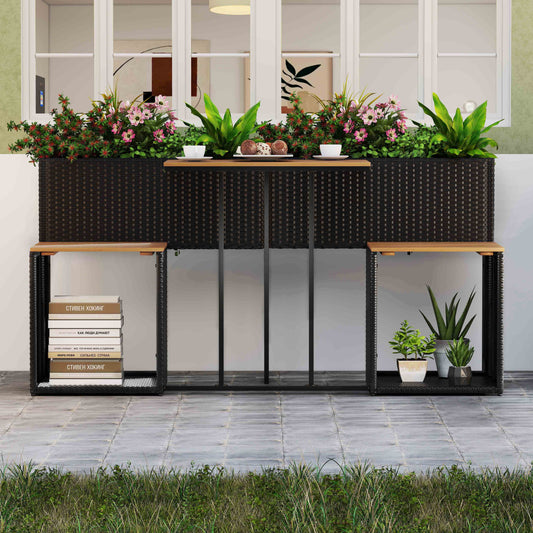 PE Rattan Garden Planter Table with Built-in Chairs and Storage Space