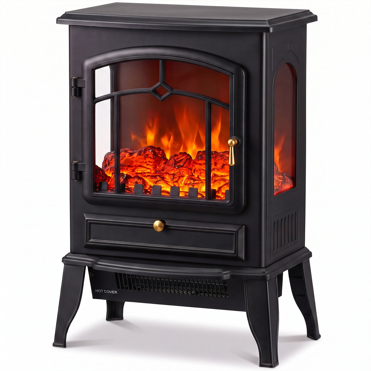 HOMCOM Electric Fireplace Stove, 1000/2000W 3-Sided Freestanding Fireplace Heater with 3D Flame Log, Thermostat, Black