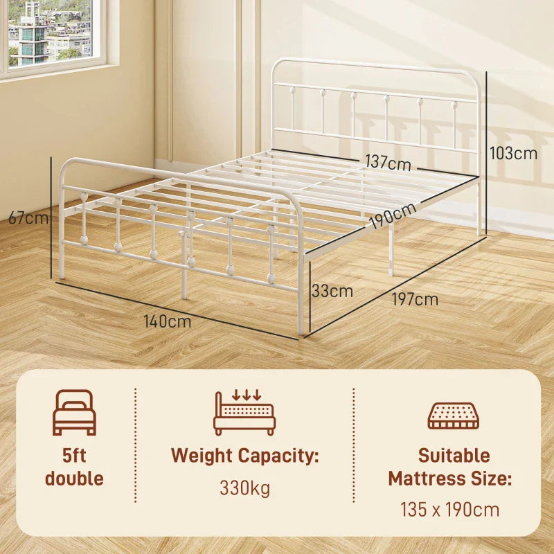 HOMCOM Double Minimalistic Metal Bed Frame - White