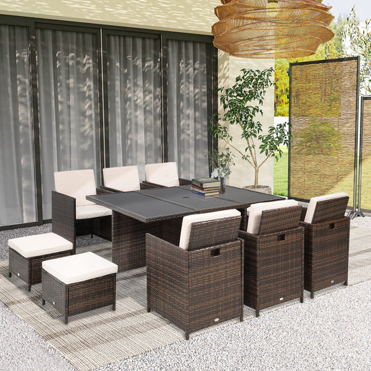 Outsunny 10 Seater Rattan Cube Garden Furniture Set with Parasol Hole, Rattan Dining Set with Cushions, Outdoor Dining Table and Chairs with Rectangular Glass Top Table for Patio, Mixed Brown