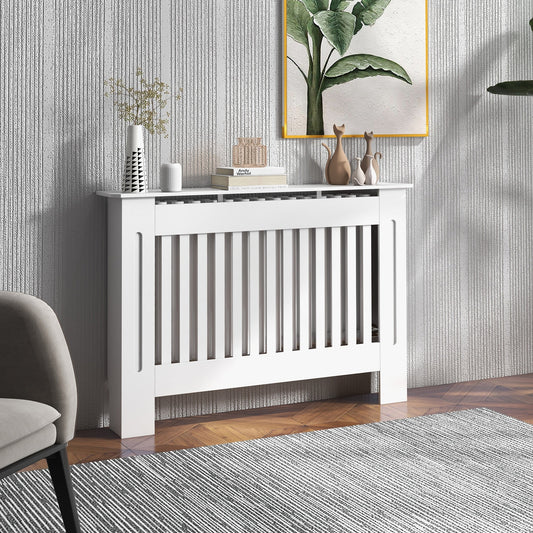 Osłona grzejnika HOMCOM z listwami, lakierowana, z płyty MDF, wyłożona kratką w kolorze białym (112 dł. x 19 szer. x 81 wys. cm)