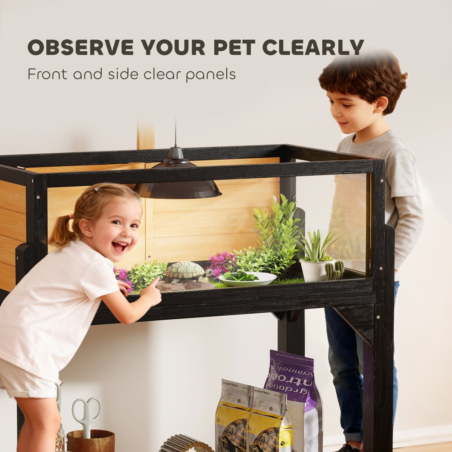 PawHut Wooden Tortoise House with Storage Shelf, Clear Observation Windows, Lamp Holder, Openable Top, Built-in Tray, Yellow