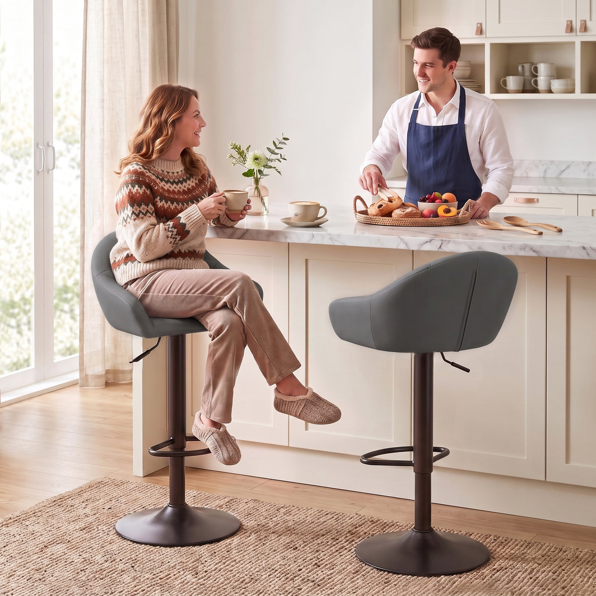 HOMCOM Bar Stools Adjustable Heights Breakfast Bar Stools Backrest Armrests Set of 2 with Rubber Ring Metal Base, Grey