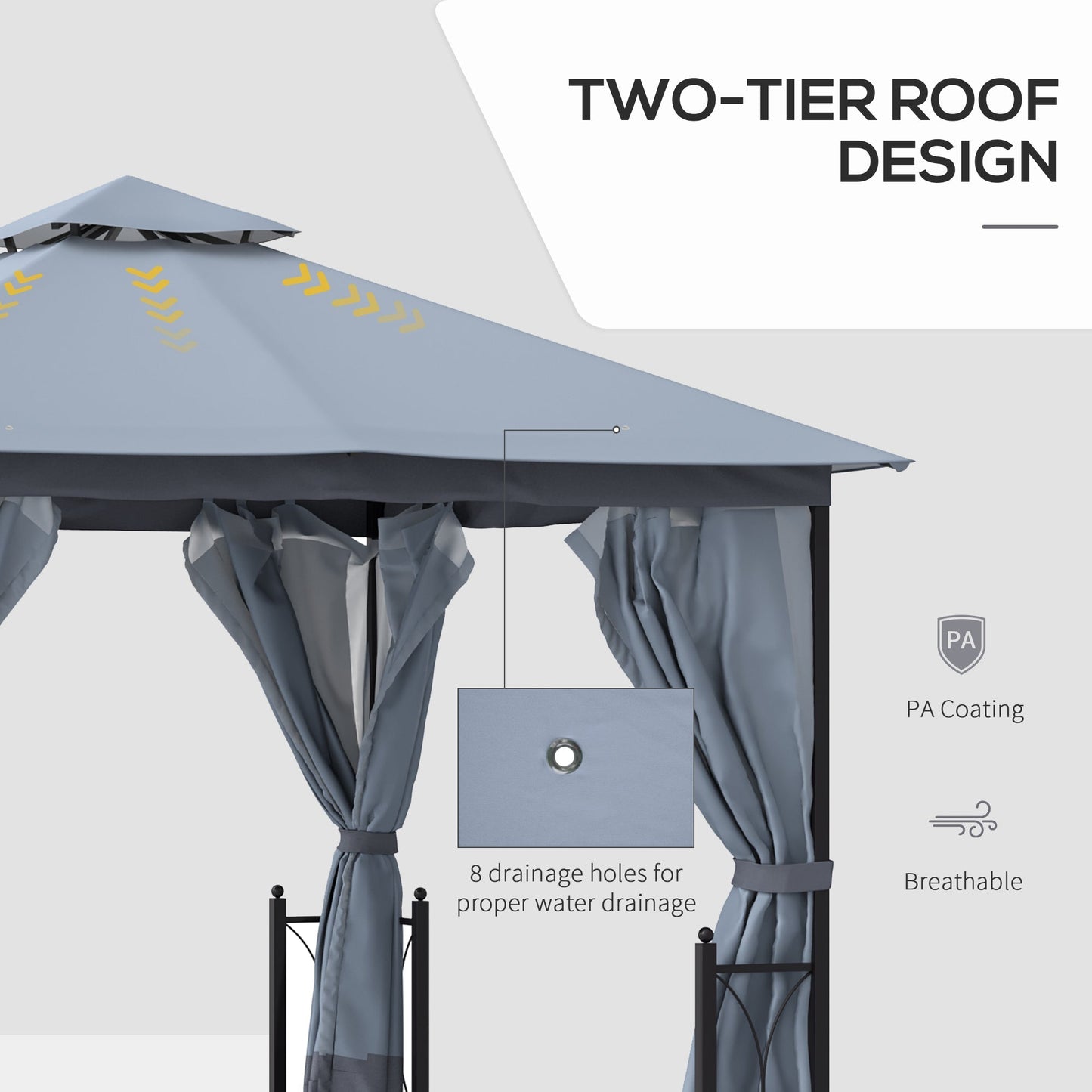 Outsunny 4 x 3.35(m) Patio Metal Gazebo Canopy Garden Tent Sun Shade, Outdoor Shelter with 2 Tier Roof, Netting and Curtains, Steel Frame, Grey