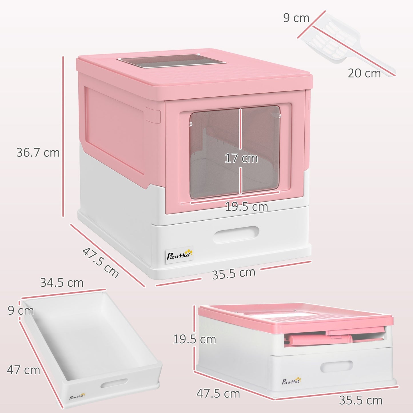 PawHut Hooded Cat Litter Box, Portable Pet Toilet, with Scoop, Front Entry - Pink