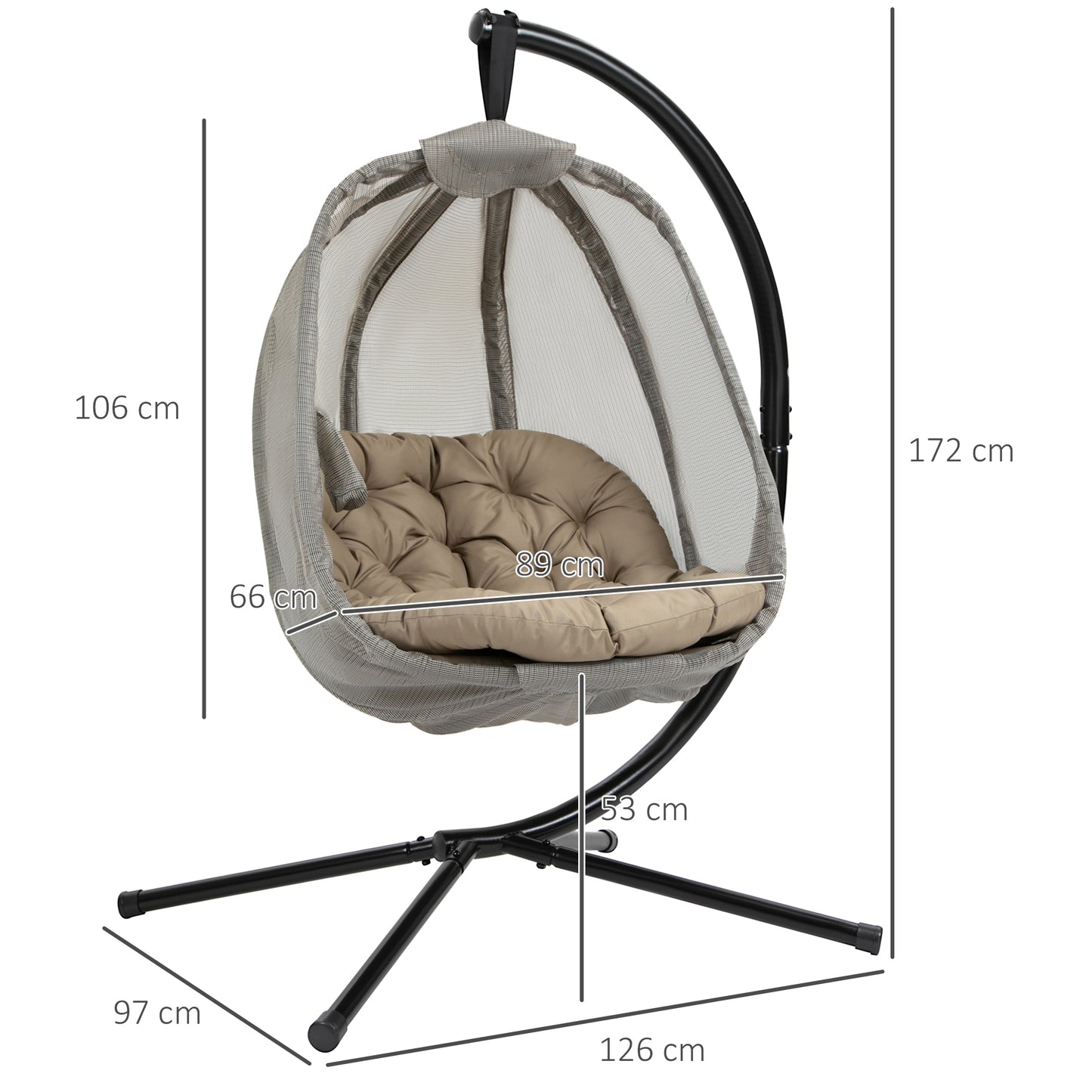 Fotel wiszący Outsunny Egg, składany hamak z tkaniny Texteline z kieszenią boczną, poduszką i stojakiem do użytku wewnątrz i na zewnątrz, meble ogrodowe na patio, kolor khaki