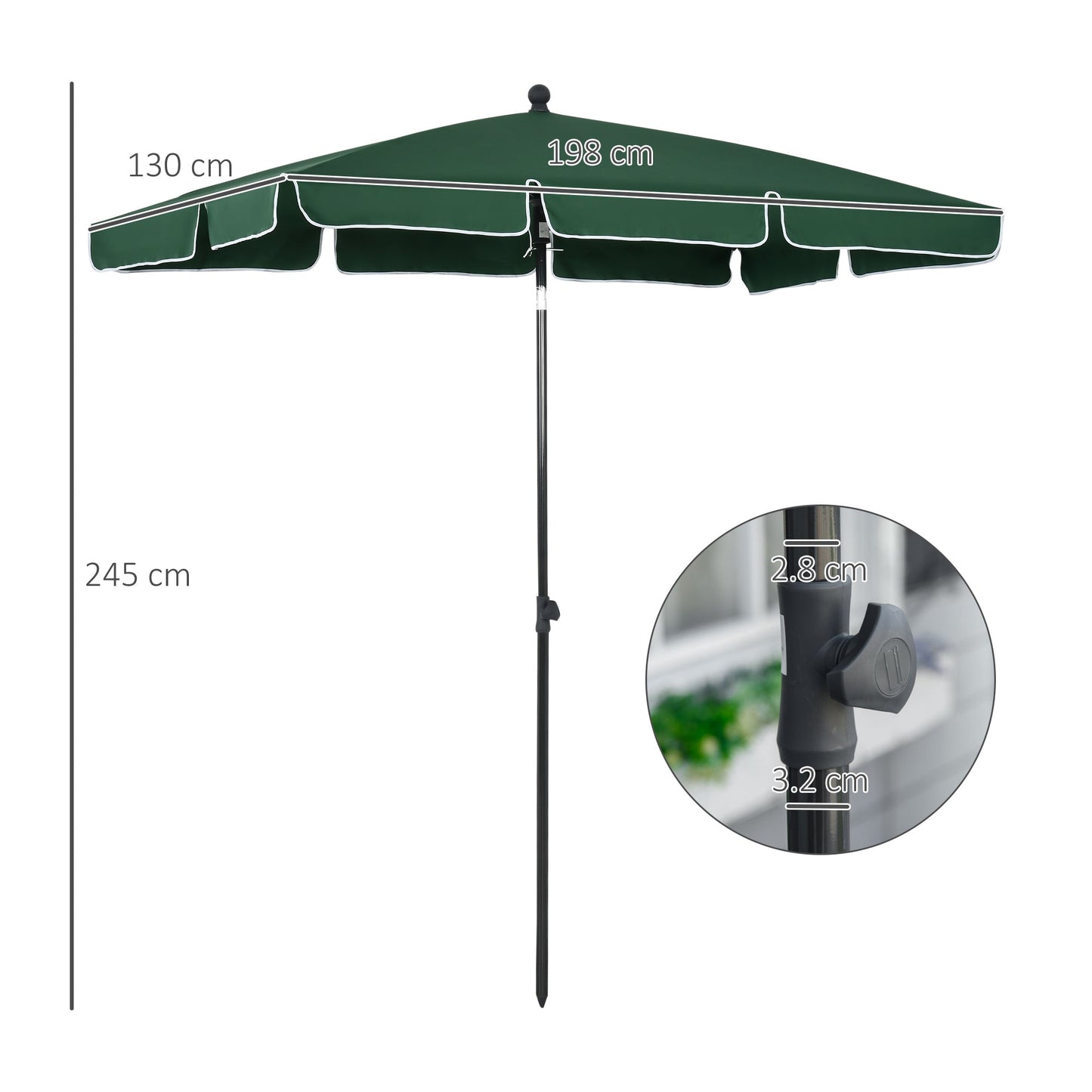 Outsunny Garden Parasol Umbrella, Outdoor Market Table Umbrella with Ruffles & Aluminium Pole, Rectangular Tilting Parasol Sun Shade Canopy, 2 x 1.3m, Green