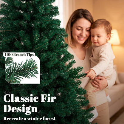 HOMCOM 7ft Artificial Christmas Tree, Fir Hinged Xmas Tree with 1100 Branch Tips, Foldable Steel Stand, Green