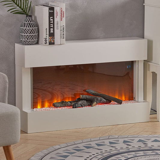 Wall Mounted Electric Fireplace Mantel with Pebbles Logs Display