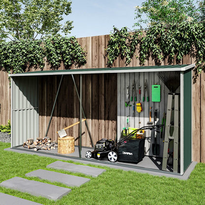 10.9 ft W Metal Garden Storage Shed for Firewood Tools Green/Black