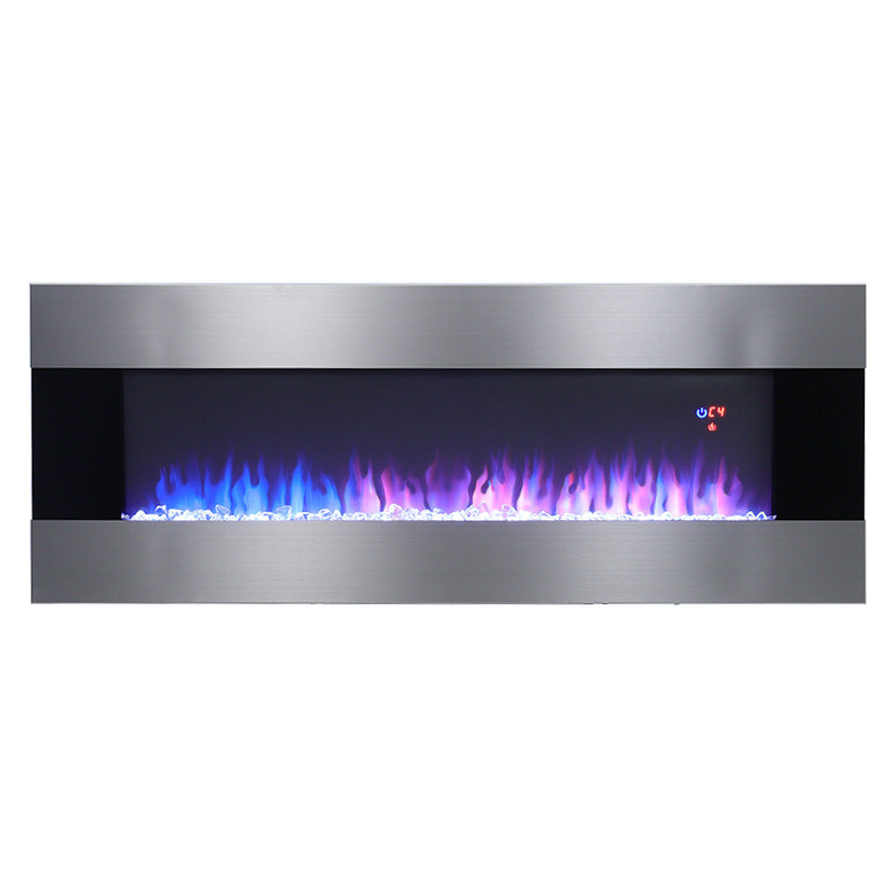 50/60 Inch Silver Electric Fireplace Crystal Accents 6 Flame Colour Heater Wall Mounted Fireplaces