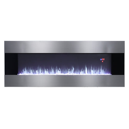 50/60 Inch Silver Electric Fireplace Crystal Accents 6 Flame Colour Heater Wall Mounted Fireplaces